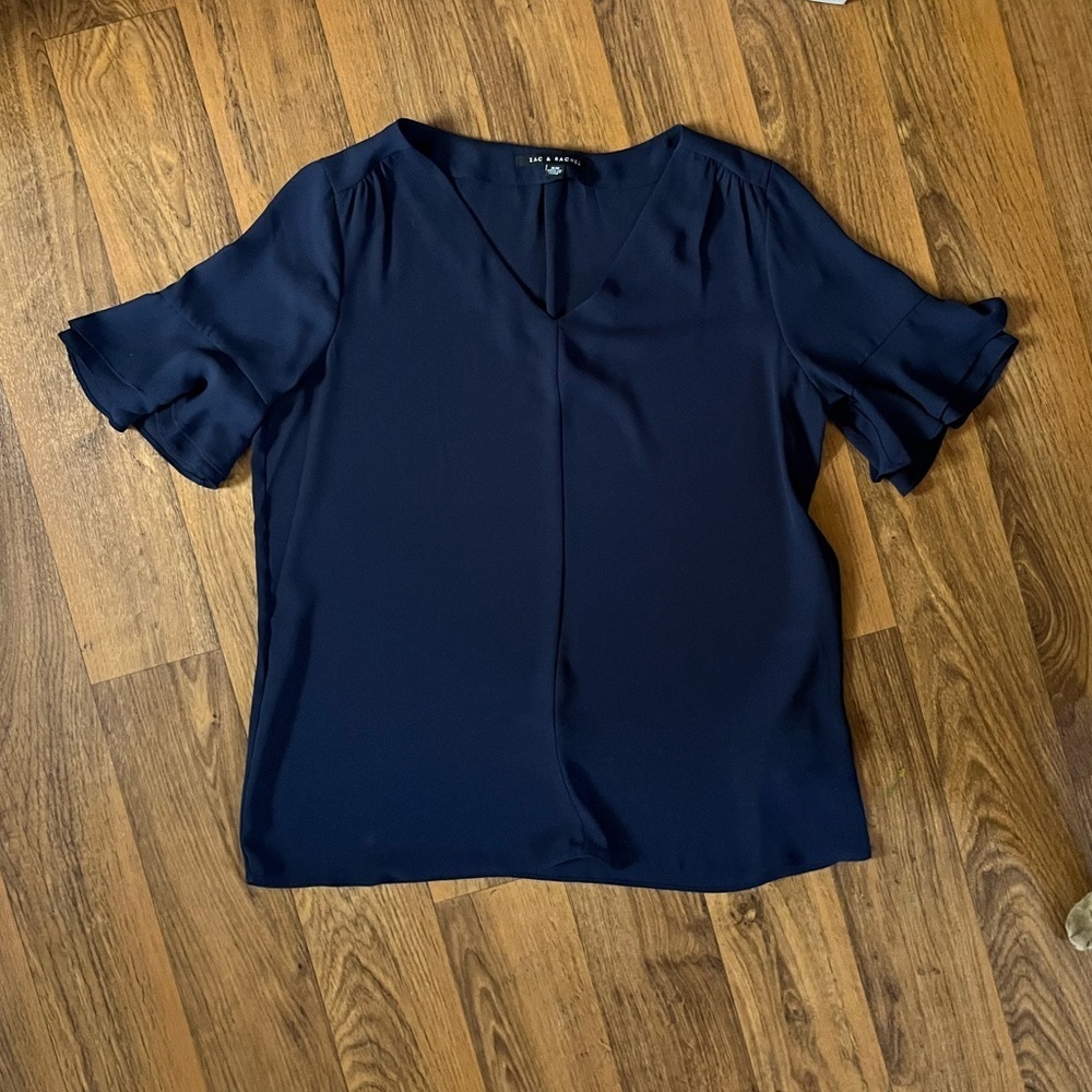 Zac & Rachel Royal Navy Light Weight Flowing Blouse with Ruffled Sleeves